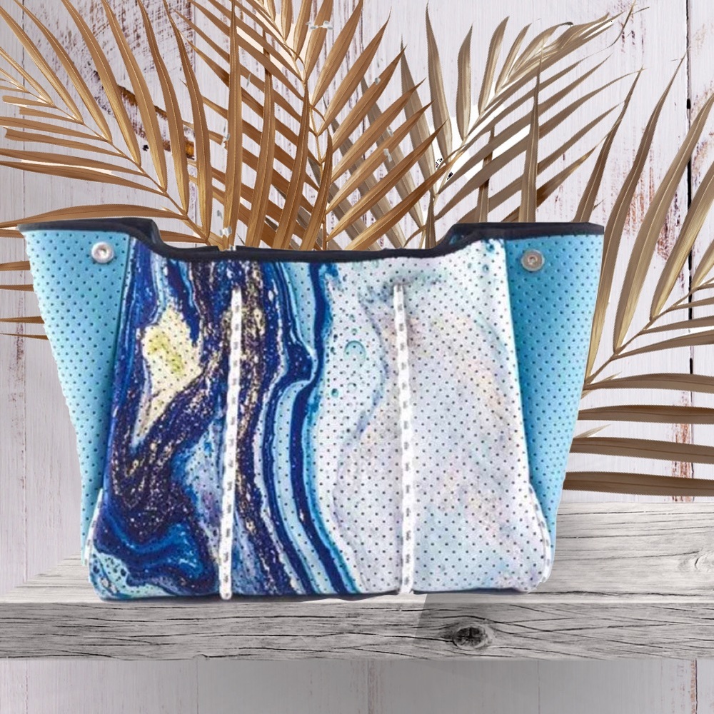 new waterproof Aquamarine Neoprene Tote turquoise geode gold blue teal light